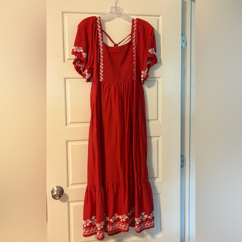 Old Navy Red Midi Dress with White Embroidery